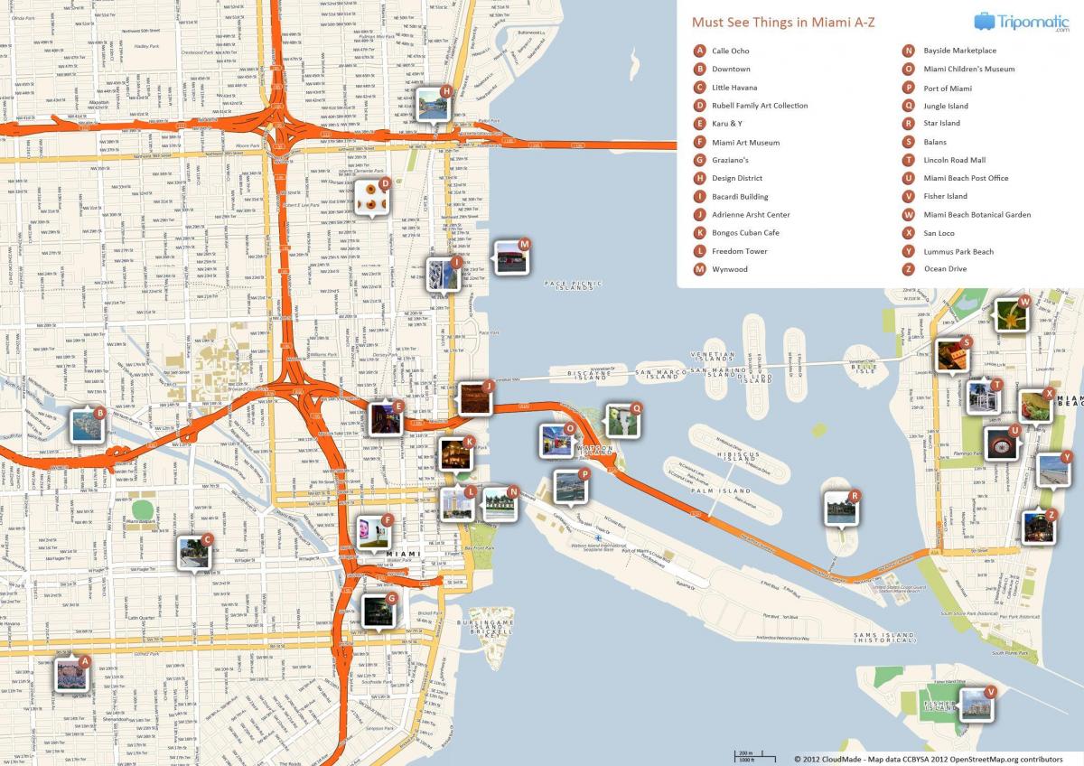 Miami turistických atrakcí mapě
