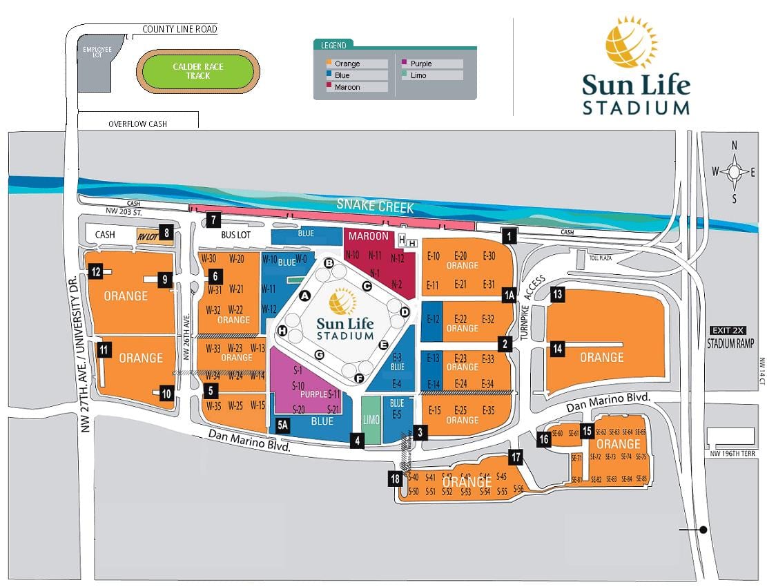 Sun Life stadium parkoviště mapě
